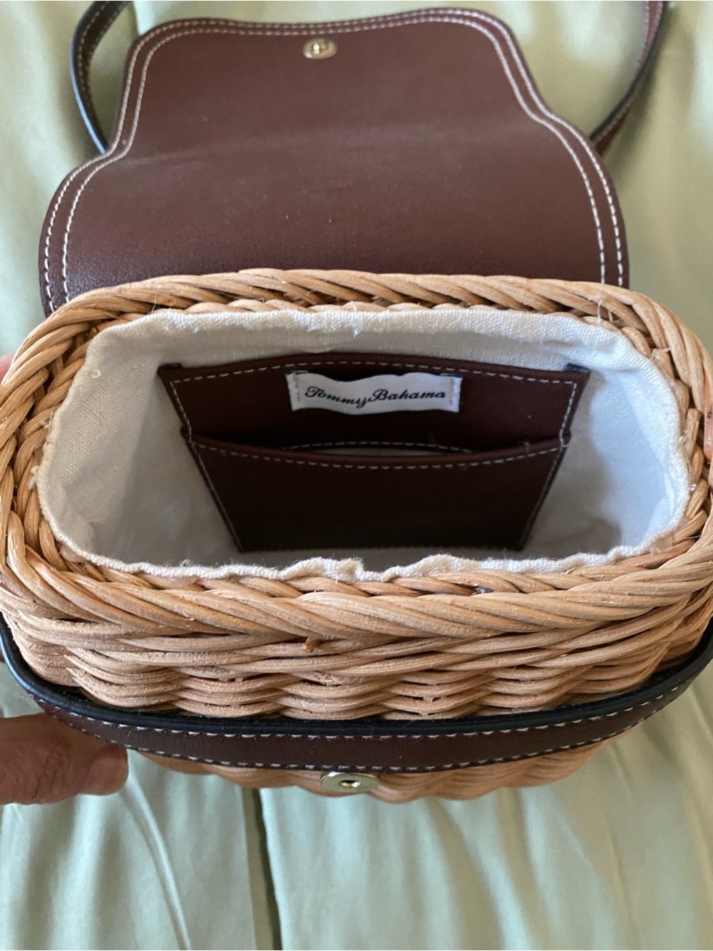 Tommy Bahama Woven Rattan Crossbody Bag with Dark Brown Leather Flap - Picture 3 of 12